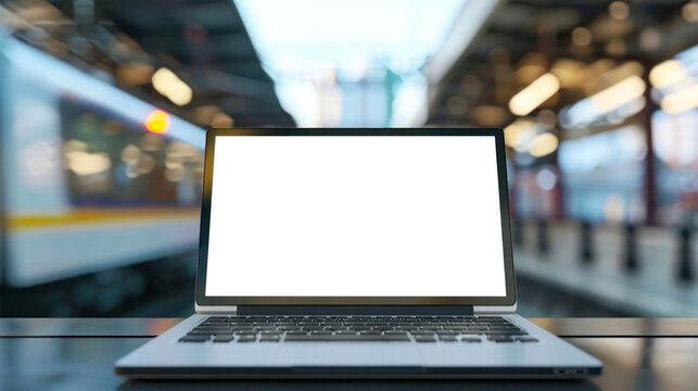 A high-quality mock-up of an open laptop in a bustling train station setting, perfect for depicting mobility and connectivity