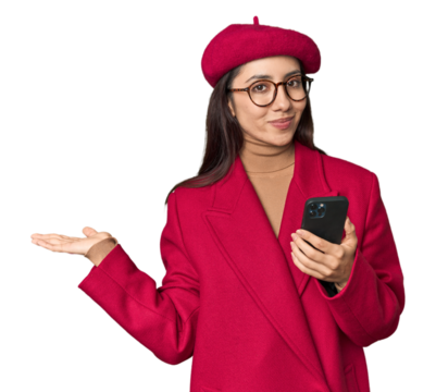 Fashionable young Caucasian woman with phone in red coat and beret on studio background showing a copy space on a palm and holding another hand on waist.