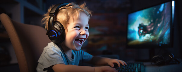 Happy boy is excited playing games on computer. Playing PC games concept - obrazy, fototapety, plakaty