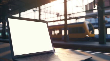 An open laptop on a train platform bathed in sunlight with a yellow train in the background - obrazy, fototapety, plakaty
