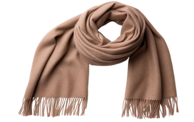 A tan scarf with fringes elegantly draped across a white background