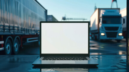 An opened laptop with blank screen is placed on a reflective surface in a logistic loading area with trucks in the background, symbolizing mobile business operations