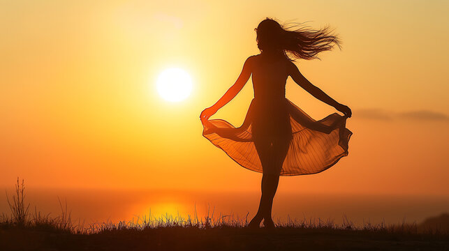 Silhouette of woman dancing at sunset. Happy woman, summer concept