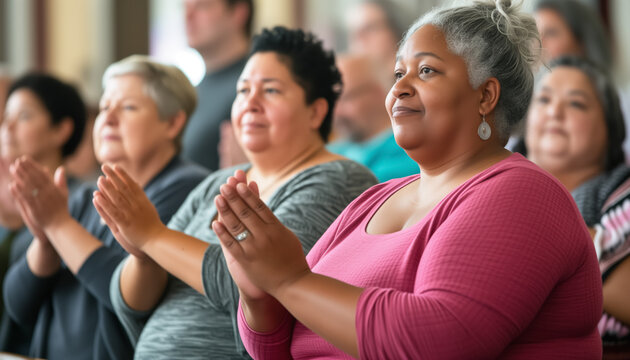Group of diverse overweight women applauding, clapping hands at successful meeting or presentation. Generative AI