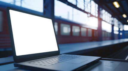 A backlit laptop on a deserted train platform, with a train and tracks visible