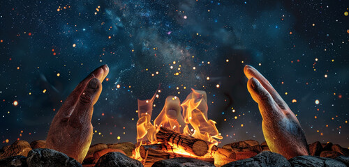 Three joyous fingers sitting around a campfire, with starry skies above and