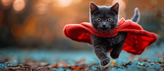 Felidae organism with electric blue fur sprinting in grass wearing a red cape - obrazy, fototapety, plakaty