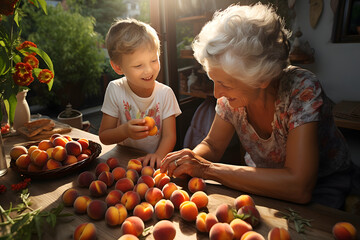 Grandmother and young grandson collecting peaches in sunny garden. Gardening with grandma