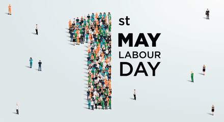 Happy labour day concept poster. Large group of people form to create number 1 as labor day is celebrated on 1st of may. Vector illustration.
 - obrazy, fototapety, plakaty