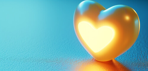 Up-close view of a heart-shaped emoji glowing softly on a smooth blue backdrop, offering a blank label for text.