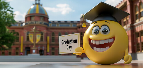 A 3D round yellow cartoon bubble emoticon wearing a graduation cap and holding a diploma, standing proudly in front of a university campus.