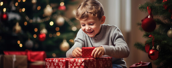 Happy cute boy is surprised in opening his christmas presents - obrazy, fototapety, plakaty