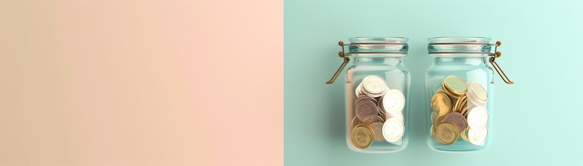 Minimalist 3D savings jar, soothing pastels, topdown view