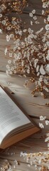 A minimalist 3D scene of an open book on a wooden desk, with pastelcolored wildflowers gently growing over the edges, blending nature with literature