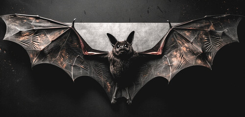 A close-up of a bat emoji with wings spread, symbolizing Halloween or darkness, on a black background with