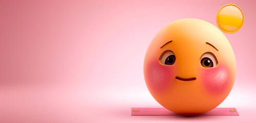 A close-up of a blushing emoji with rosy cheeks and a shy expression, symbolizing embarrassment or bashfulness, on a pink background with - obrazy, fototapety, plakaty