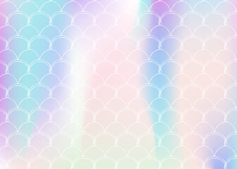 Mermaid scales background with holographic gradient. Bright color transitions. Fish tail banner and invitation. Underwater and sea pattern for girlie party. Iridescent backdrop with mermaid scales.