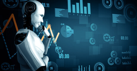 XAI 3d illustration Future financial technology controll by AI robot huminoid uses machine learning and artificial intelligence to analyze business data and give advice on investment and trading