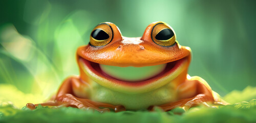 A close-up of a frog emoji with a wide smile, symbolizing nature or amphibians, on a green background with