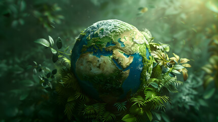 Obraz na płótnie Canvas Earth planet surrounded by leaves on natural background. Earth Day design concept with copy space