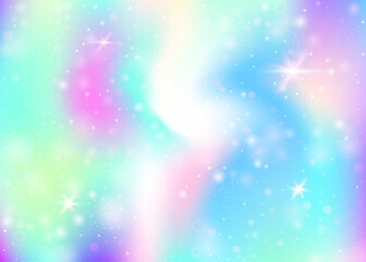 Unicorn background with rainbow mesh. Cute universe banner in princess colors. Fantasy gradient backdrop with hologram. Holographic unicorn background with magic sparkles, stars and blurs.