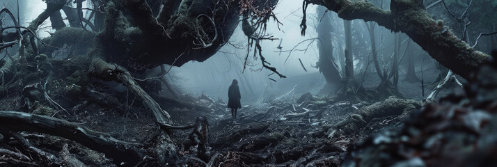 Foreboding forest with lone figure amidst trees - Eerie forest setting with twisted trees and a solitary figure, conveying a sense of solitude and mystery - obrazy, fototapety, plakaty