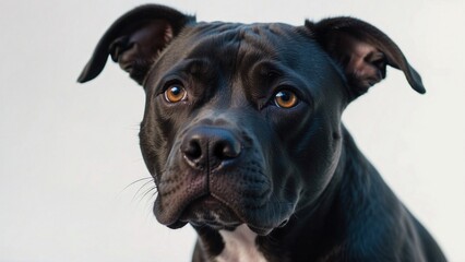 A close-up view of a black dog with soulful brown eyes, showcasing its curious expression and unique features against a softly blurred background