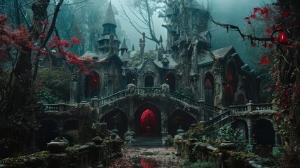 Fototapeta premium Gothic castle in an enchanted forest - A gothic castle amidst an enchanted red forest captures the allure and mystery of old-world tales