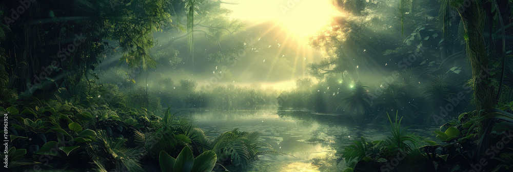 Sticker Misty sunrise over a tranquil jungle river - A serene jungle scene with a river leading into the sunrise, enveloped by a misty atmosphere and rich greenery