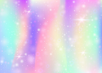 Unicorn background with rainbow mesh. Kawaii universe banner in princess colors. Fantasy gradient backdrop with hologram. Holographic unicorn background with magic sparkles, stars and blurs.