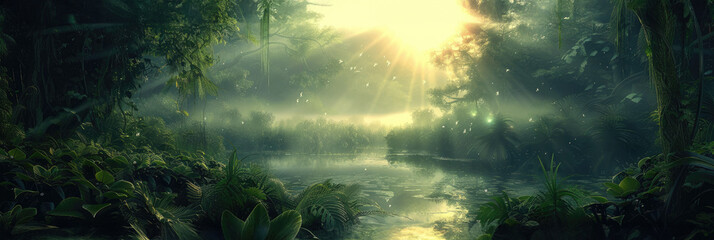Misty sunrise over a tranquil jungle river - A serene jungle scene with a river leading into the sunrise, enveloped by a misty atmosphere and rich greenery - obrazy, fototapety, plakaty