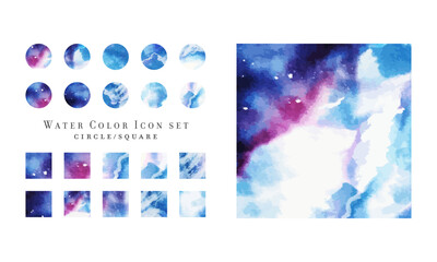 Water Color Icon set,水彩,水彩風,宇宙,海,空,幻想的,ファンタジー,アイコン, デザイン, ベクター, ウェブ, シンボル, 青, ボタン, 地球,アイコンセット,丸,四角,雲,紫,グラデーション