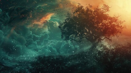 Fototapeta na wymiar Mystical forest with cosmic weather phenomena - A mystical forest scene with a gigantic tree and cosmic weather phenomena overhead creating a surreal, dreamlike experience