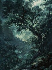 Mystical forest scene with dappled sunlight - An ethereal forest landscape shrouded in mist with rays of sunlight piercing through the dense foliage