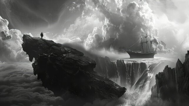 Monochromatic Seascape with Ship and Waterfall - The powerful image depicts a surreal monochromatic seascape with a ship near a cliff, evoking a sense of adventure and wonder