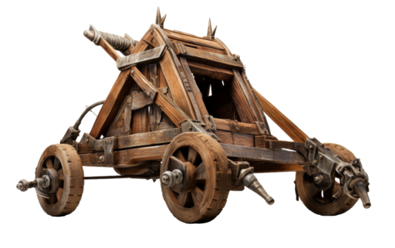 Wooden cart with spiked wheels sits ready for action