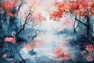 Foto op Canvas Serene watercolor of flamingos in autumn wetland - Tranquil watercolor scene with flamingos amidst autumn-hued trees and serene waterscape © Mickey