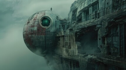 Sci-fi spaceship crashed on desolate building - Dark dystopian scene of a futuristic spacecraft crash-landing on a derelict building, creating a post-apocalyptic feel - obrazy, fototapety, plakaty