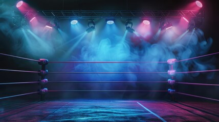 Smoke-filled boxing ring with colorful stage lights - Engage with the surreal scene of a smoke-filled boxing ring under enchanting stage lights and hazy atmosphere - obrazy, fototapety, plakaty