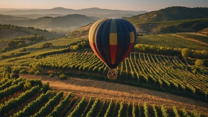 A hot air balloon floating gracefully over vineyards