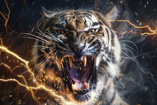 Roaring tiger with electric effects - This striking image features a fierce tiger roaring with electric effects enhancing its raw power and ferocity