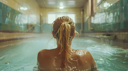 Young blonde woman swimming in the pool - obrazy, fototapety, plakaty