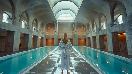 A blonde woman in a white robe stands in front of a huge pool in the spa