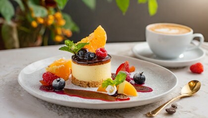 Fruit dessert on a plate with coffee in a mug. Owocowy deser na talerzu z kawą w kubku.