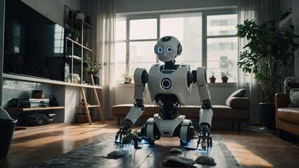 A high-tech robot helping out with everyday tasks at home. - obrazy, fototapety, plakaty