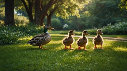 A group of ducks walking together in a beautiful green park. - Powered by Adobe