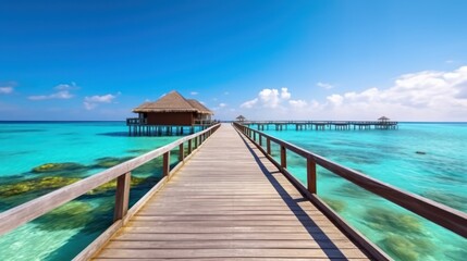 Panorama of Water Villas (Bungalows) and wooden jetty at Tropical beach in the Maldives at summer day