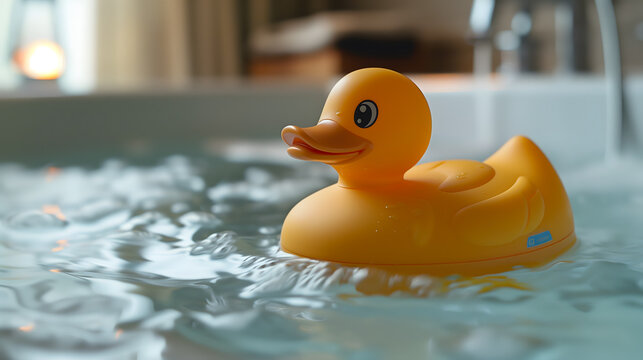 Close up photo of a yellow rubber duck floating in a bathtub