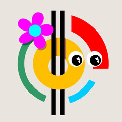 Cute funny contemporary character with face emotions and various geometric colorful shapes. Hand drawn abstract trendy illustration for poster, logo, print.