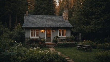 Fototapeta na wymiar A cozy cottage surrounded by trees.